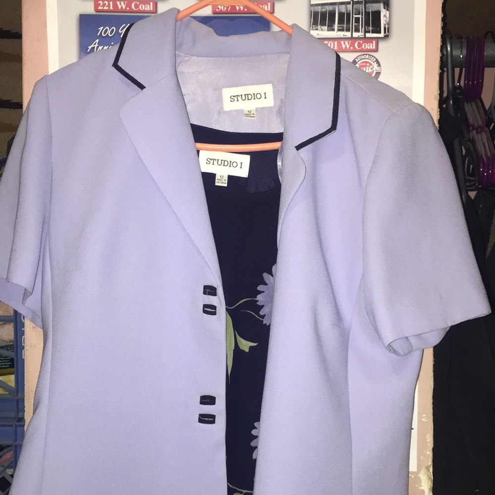 Blue dress with purple cardigan